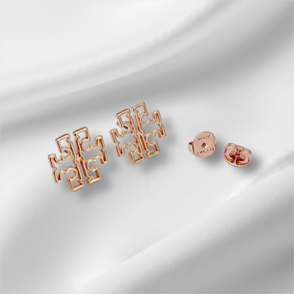 Tory Burch Rose Gold Logo Stud Earrings - Picture 2 of 3